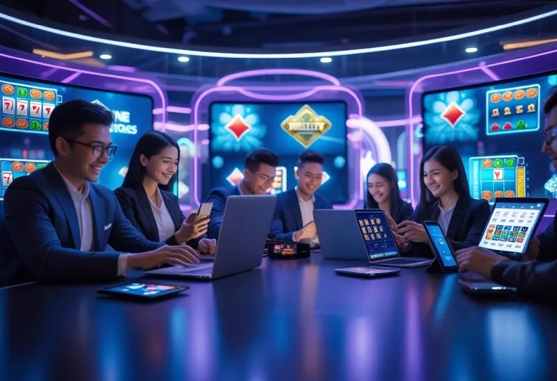 People using laptops, tablets, and smartphones to play online casino games in a modern, futuristic room with colorful digital game displays